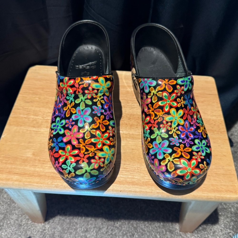 Dansko Patent Leather Flower Clogs
